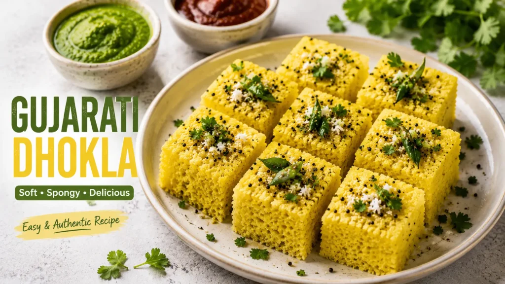 Soft and fluffy authentic Gujarati Dhokla served with green chutney