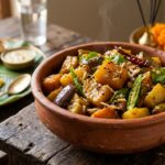 Authentic Bengali Bhoger Labra mixed vegetable curry seasoned with panch phoron in a clay bowl