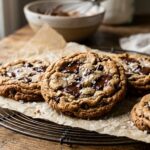 Freshly baked soft and chewy chocolate chip cookies with gooey melted chocolate pools and flaky sea salt