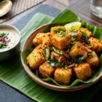 Crispy golden masala fried idli cubes tossed in curry leaves, mustard seeds, and podi on a banana leaf