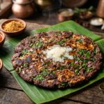 Steaming hot Kevuru Maavu Adai (Ragi Roti) with drumstick leaves and shallots served on a banana leaf with melting butter and kara chutney