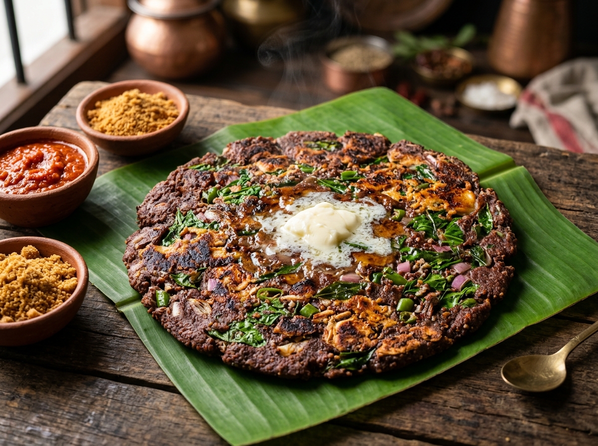 Steaming hot Kevuru Maavu Adai (Ragi Roti) with drumstick leaves and shallots served on a banana leaf with melting butter and kara chutney