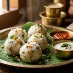 Freshly steamed South Indian Uppu Urundai rice dumplings tempered with chana dal, mustard, and coconut on a banana leaf
