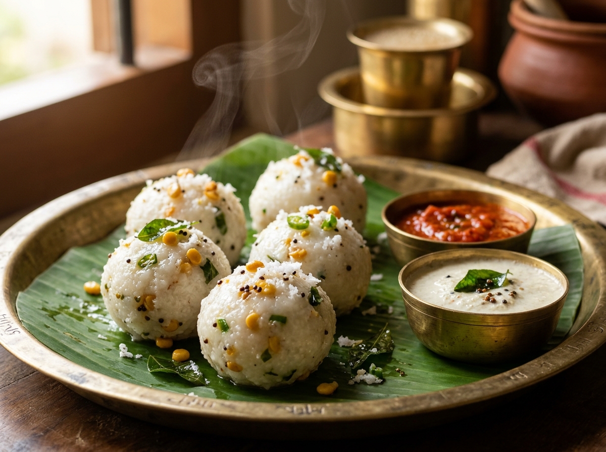 Freshly steamed South Indian Uppu Urundai rice dumplings tempered with chana dal, mustard, and coconut on a banana leaf