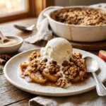 Warm freshly baked apple crumble with melting vanilla ice cream and cinnamon-spiced apples