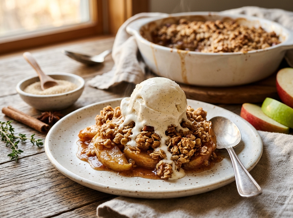 Warm freshly baked apple crumble with melting vanilla ice cream and cinnamon-spiced apples