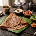 Crispy golden lacy instant Ragi Dosa served on a banana leaf with coconut chutney, tomato chutney, and sambar