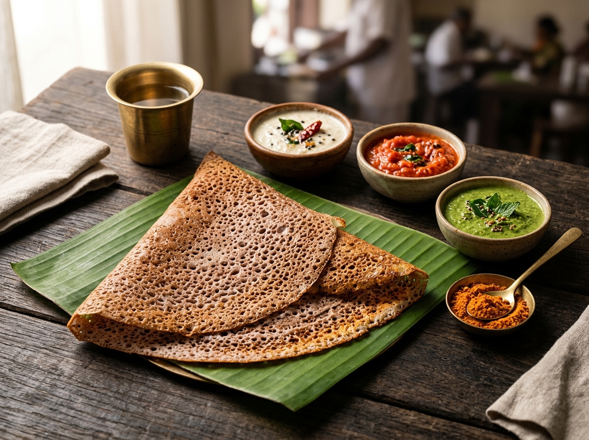 Crispy golden lacy instant Ragi Dosa served on a banana leaf with coconut chutney, tomato chutney, and sambar