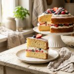 Tender golden homemade vanilla sponge cake with whipped cream berries and vanilla beans