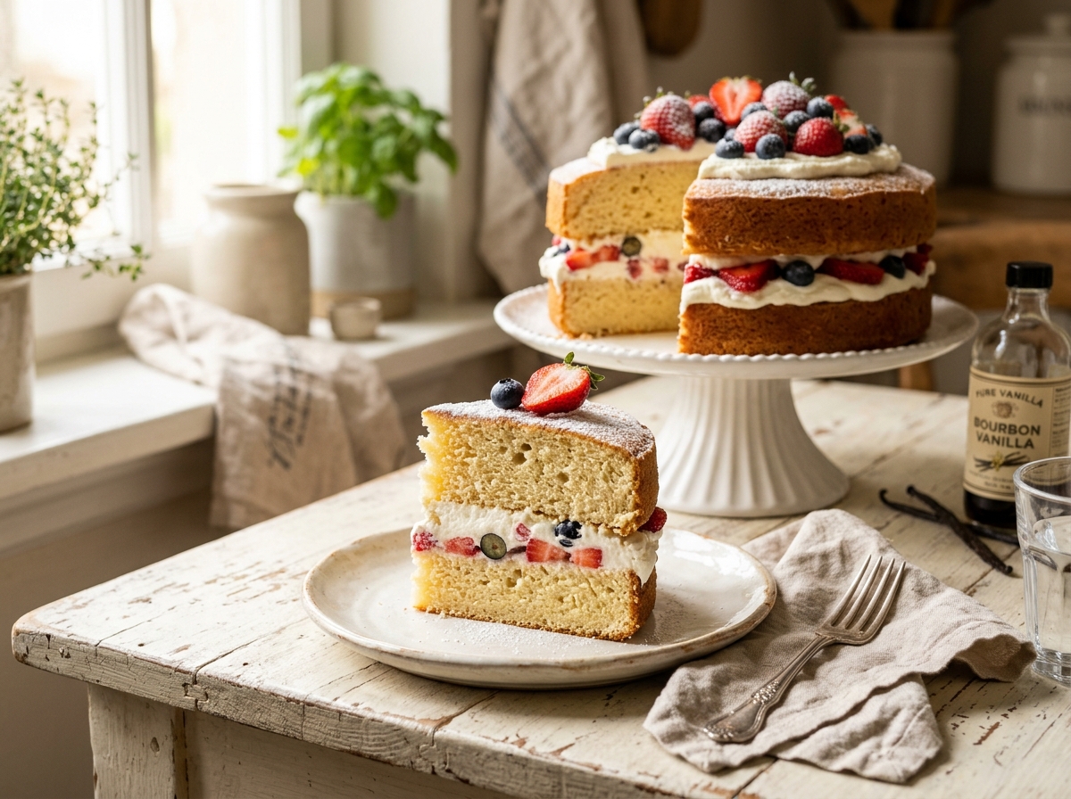 Tender golden homemade vanilla sponge cake with whipped cream berries and vanilla beans