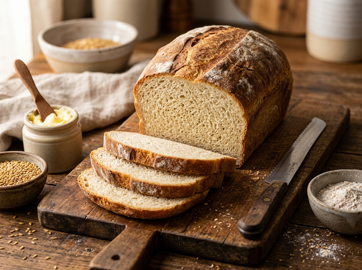 Sliced soft homemade gluten-free sandwich bread on a wooden board with butter and knife