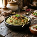 Steaming fragrant green pudina rice mint pulao in a ceramic bowl with fried cashews and raita