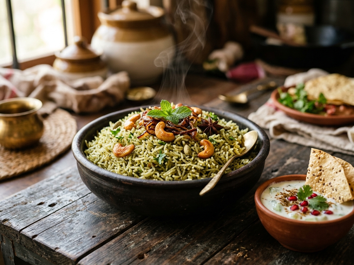 Steaming fragrant green pudina rice mint pulao in a ceramic bowl with fried cashews and raita