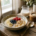 Creamy healthy oatmeal bowl with fresh berries bananas chia seeds and pure maple syrup