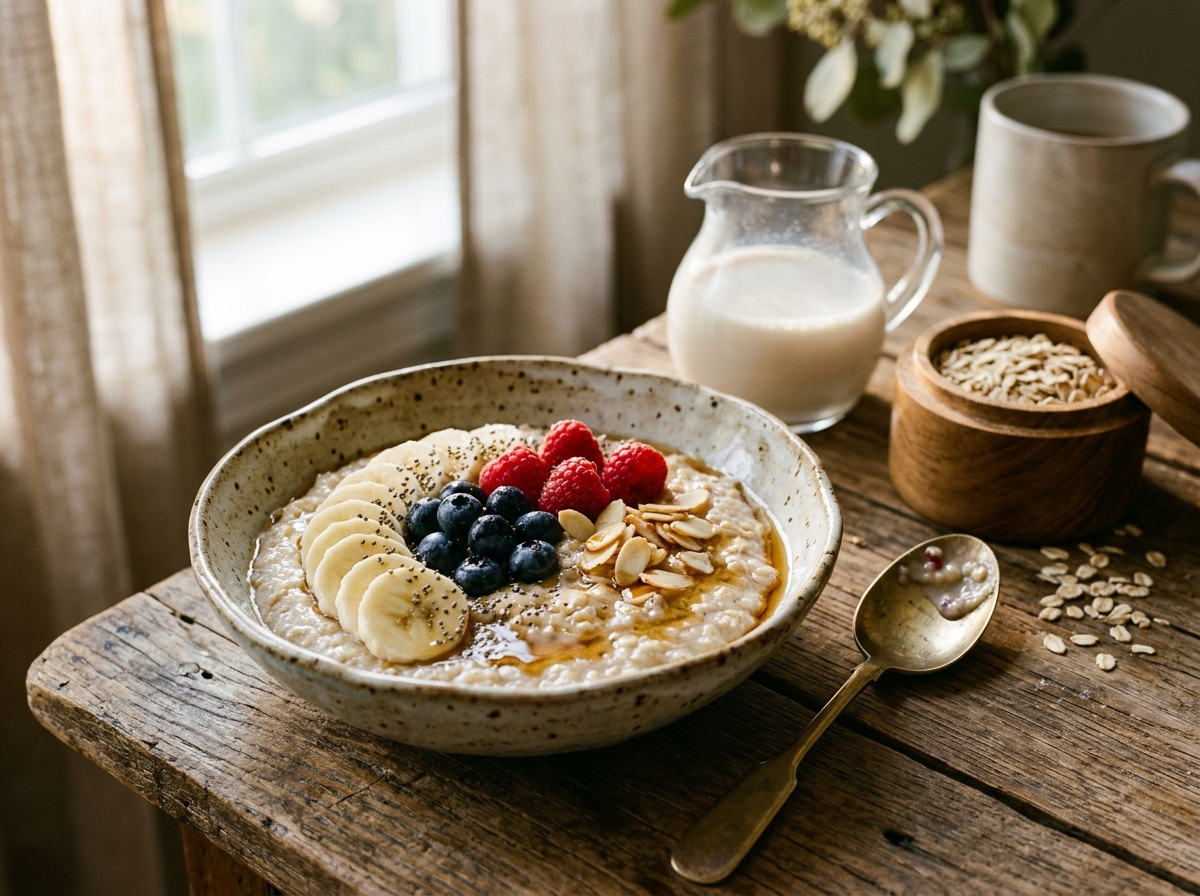 Creamy healthy oatmeal bowl with fresh berries bananas chia seeds and pure maple syrup