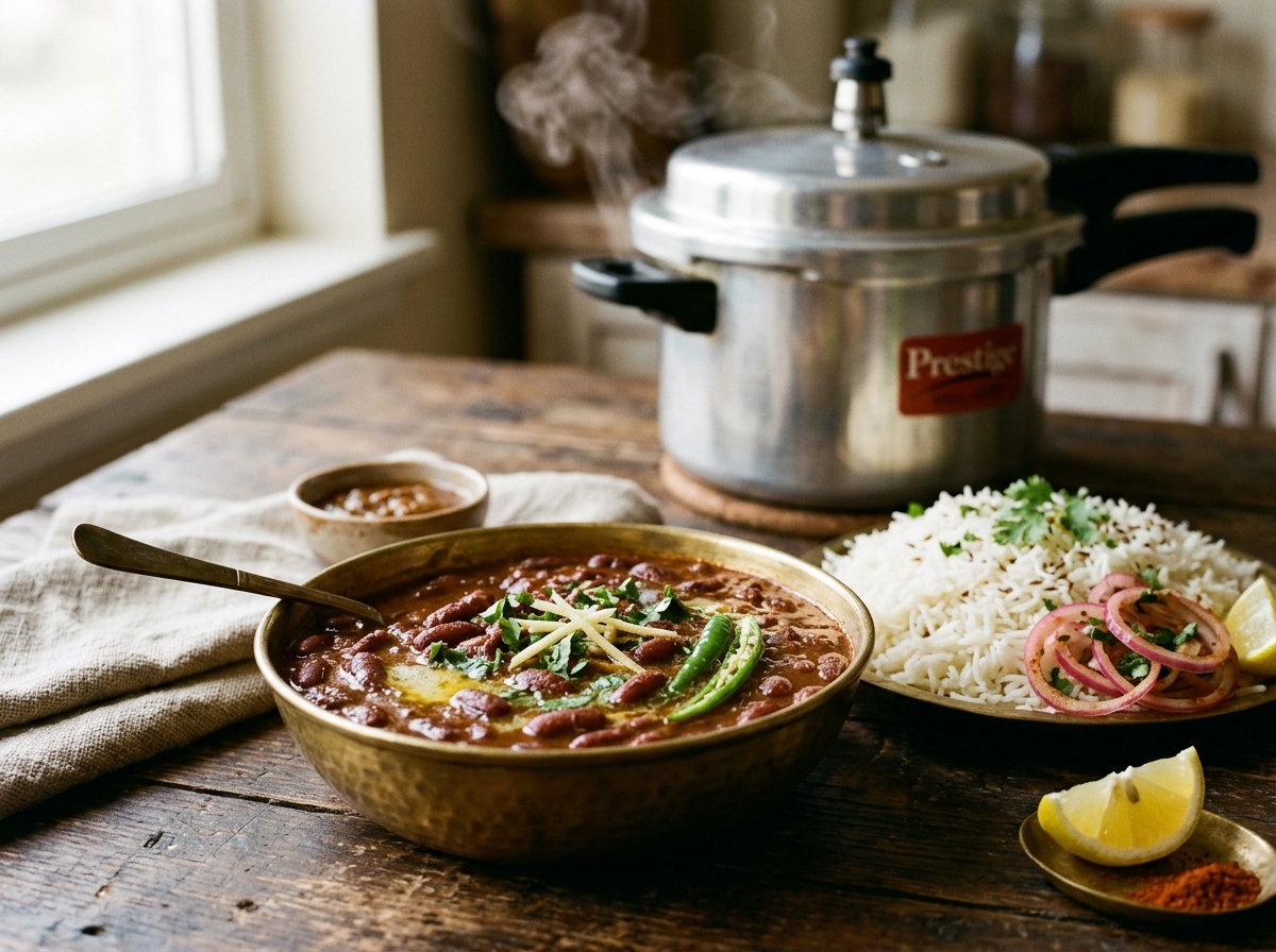 Authentic Punjabi Rajma Masala curry in a bowl next to a pressure cooker and basmati rice