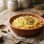 Fluffy golden cooked millet in an earthenware bowl with fresh herbs and raw millet grains