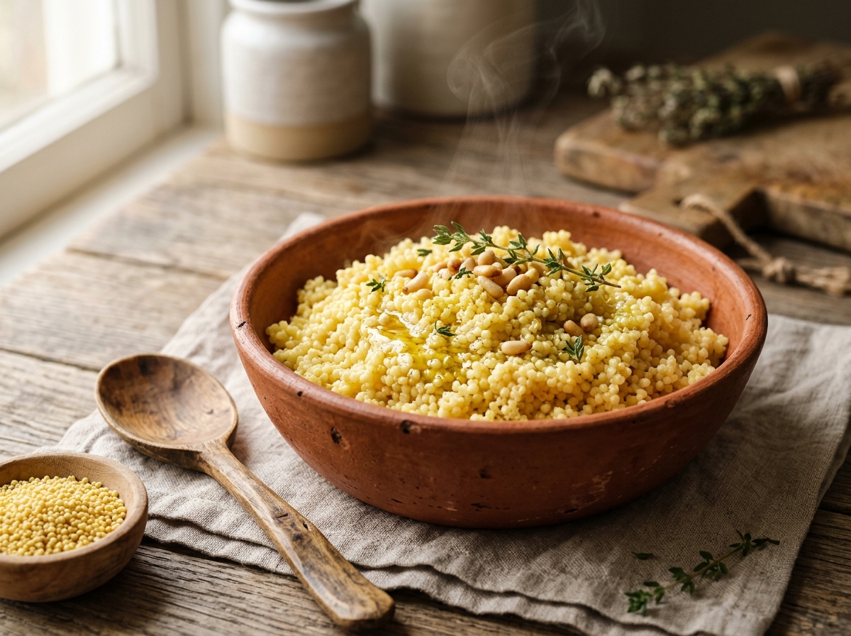 Fluffy golden cooked millet in an earthenware bowl with fresh herbs and raw millet grains