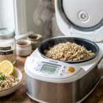 Fluffy cooked quinoa in an electric rice cooker bowl garnished with fresh parsley and lemon