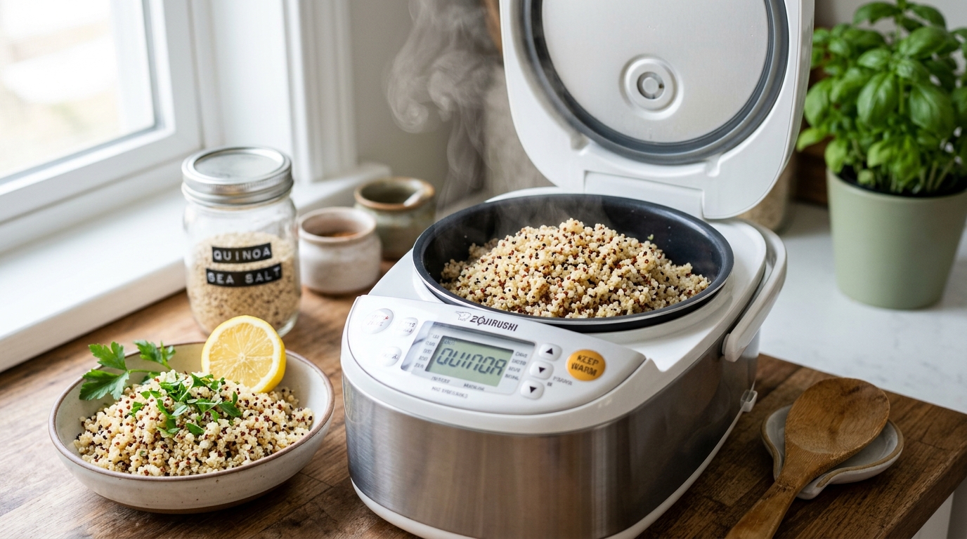 Fluffy cooked quinoa in an electric rice cooker bowl garnished with fresh parsley and lemon