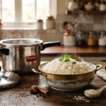 Fluffy separate grains of white basmati rice in a serving bowl next to a stainless steel pressure cooker