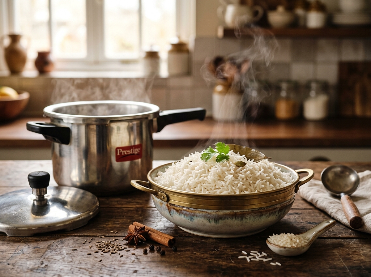 Fluffy separate grains of white basmati rice in a serving bowl next to a stainless steel pressure cooker