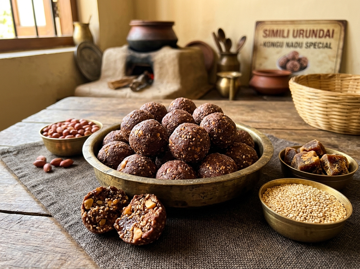 Cluster of glossy dark brown Simili Urundai ragi sesame peanut ladoos in an antique brass uruli with cracked open ball showing crushed peanuts